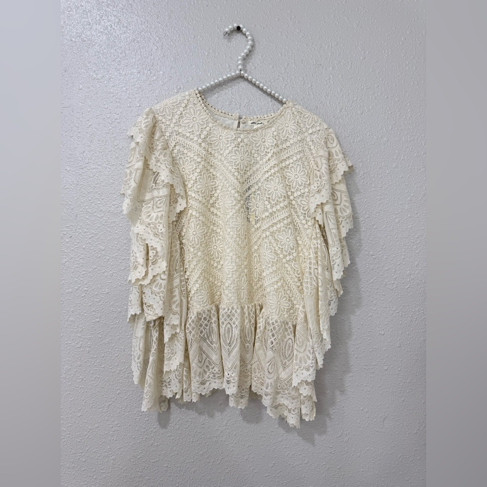 NWT Ultra Pink Lace Blouse XL Boho Ruffle Sheer Cream Top